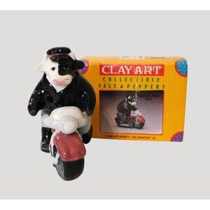 Clay Art Motor Cow 7592 Collectible Salt Pepper Shakers Motorcycle Vintage 1992